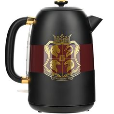 the hogwarts house coffee pot is black with gold trimming and has a red stripe around it