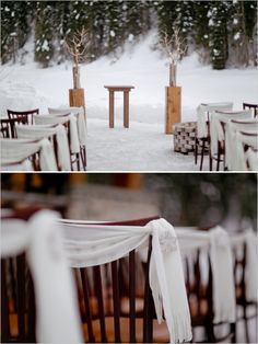 two pictures of chairs and tables in the snow with white drapes draped over them