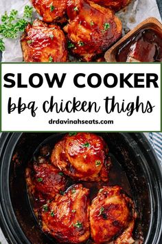 slow cooker bbq chicken thighs in a crock pot with text overlay