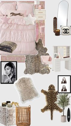 a collage of pink and leopard print items including pillows, bedding, rugs and pictures