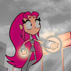 a cartoon girl with pink hair and an eye patch on her face, standing in front of a building