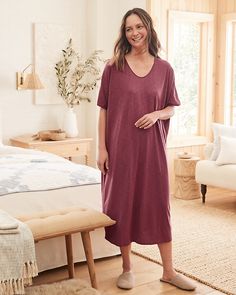 We gave this sleep gown a slightly more streamlined silhouette without losing its cocoon-like essence. In soft, breathable jersey-knit organic cotton and TENCEL™ Lyocell, with a tranquil and restorative color palette that's truly the stuff of dreams.  Exclusive. Cocoon silhouette.  Scoop neckline.  Short dolman sleeves. Comfortable Modal Sleepwear, Solid Color Relaxed Fit Dresses For Loungewear, Relaxed Fit Solid Color Loungewear Dress, Sleep Gown, Women Sleepwear, Cotton Pajamas, Women's Sleepwear, Garnet Hill, Sleepwear Sets