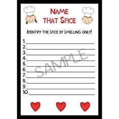 a recipe card with hearts on it and the words name that spice written in red