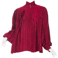 1970S GUCCI Cranberry Red Silk Jaquard Pleated Blouse Luxury Gucci Blouse For Office, Elegant Gucci Blouse For Evening, Elegant Gucci Blouse For Party, Fitted Gucci Blouse For Fall, Gucci Silk Blouse For Spring, Elegant Gucci Party Blouse, Gucci Long Sleeve Evening Tops, Gucci Evening Long Sleeve Tops, Gucci Long Sleeve Blouse For Fall