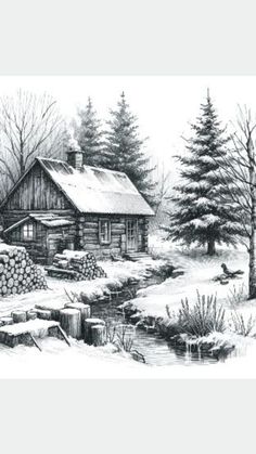 a black and white drawing of a cabin in the woods with snow on the ground