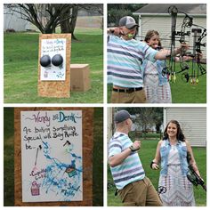 three pictures of people standing in front of a sign with balloons and writing on it