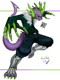 a drawing of a purple and green monster with long, sharp claws on it's back legs