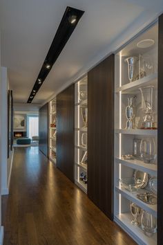 Illuminated modern shelving lines a hallway. Recessed vertical lighting and a recessed track light system in the ceiling create a contemporary display area. Modern interior design by Walker Architects. Awards Display Wall, Gallery Lights, Hallway Landing, Display Shelf Design, Trophy Shelf