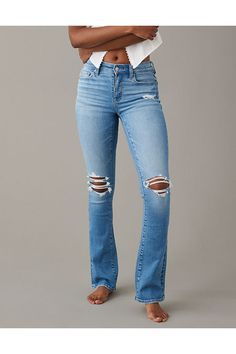 Stretch | Soft with an authentic denim look & juuust the right amount of stretch./True jean-like fabric that holds its shape./Won't bag out. Ever./Medium wash/Ripped True Jeans, Bootcut Jeans, Women's Jeans, American Eagle Outfitters, American Eagle, Women Jeans, High Waisted, Fabric