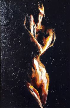 a painting of a nude woman with her hands in the air, on a black background