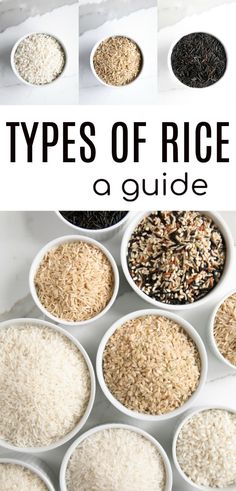 the most popular types of rice in white bowls with text overlay that reads, most popular types of rice