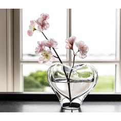 a glass vase with flowers in it on a table next to a window sill