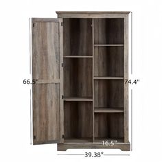 the measurements for an open bookcase with doors and shelves on each side is shown