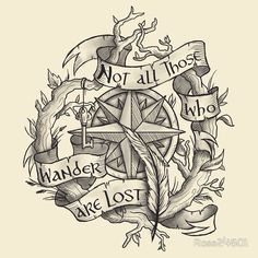 a drawing of a compass with some words on it and an arrow in the middle