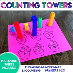 counting towers for numbers 1 - 20 on pink paper with cupcakes