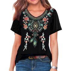 PRICES MAY VARY. Made from premium fabric, this short sleeve embroidered mexican tops for women is very soft and breathable, the lining is so friendly to your skin, super cozy to touch and extremely comfortable to wear for whole day. Featuring short sleeve, v neck and crewneck style to choose, floral embroidered, casual loose fit silhouette, this short sleeve floral mexican tshirts for women is so fashionable, the embroidered flower on the top is so exquisite and very eye-catching. This casual s Folk Style Embroidered Top With Short Sleeves, Mexican Tops, Black Embroidered Short Sleeve Top, Black Folk Style Embroidered Short Sleeve Top, Black Floral Embroidered Short Sleeve Top, Black Embroidered Peasant Top, Mexican Peasant Blouse, Floral Peasant Blouse, Romper Long Pants