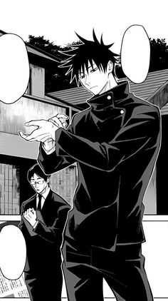 an anime scene with two men in black suits and one is holding something up to his face