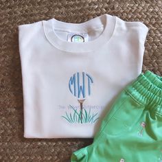 Golf Tee Monogram Shirt – The Velvet Buttercup White Monogram Crew Neck T-shirt, Classic Cotton Tops With Monogram Print, White Monogram T-shirt With Crew Neck, White Monogrammed Short Sleeve Top, White Monogram Crew Neck Top, White Monogram Short Sleeve Top, White Casual Monogram Top, Monogram Shirt, Golf Tee