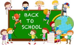 children standing in front of a blackboard with the words back to school written on it