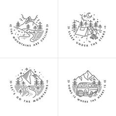 four badges with mountains, trees and campers in the style of handwritten lettering