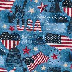 an american flag and liberty symbols on blue fabric