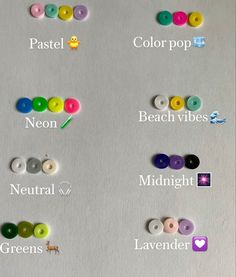 several different types of buttons and pins on a refrigerator freezer door that says pastel, color pop, beach vibes, neutral, midnight, lavender, lavender, lavender