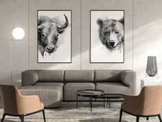 two paintings hang on the wall next to a couch and chair in a living room