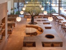 the interior of a restaurant with tables, chairs and an olive tree in the center