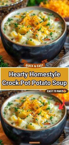 two bowls filled with hearty homemade crock pot potato soup