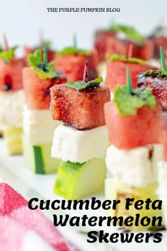 watermelon skewers on a white plate with text overlay reading cucumber feta watermelon skewers