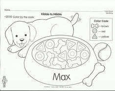 a coloring page with a dog laying next to a bowl of food and a ball