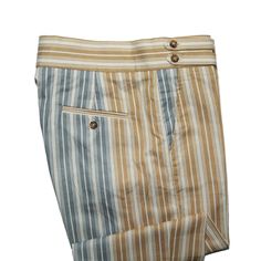 A must-have style in every man’s wardrobe, you will never look boring again with these striped trousers in orange, blue and white. Elegantly made with high quality craftsmanship in a straight fit, flat-front style from premium quality cotton, these trousers feature a button and zip closure with a wide waistband with two extended fastening tabs. This pair of men's pants is perfect for work and everyday wear, business meetings, parties, gala dinners or summer weddings. Buy it for yourself, or gift Classic Bottoms With Vertical Stripes For Summer, Classic Vertical Stripes Bottoms For Summer, Fitted Bottoms With Contrast Stripes For Spring, Fitted Blue Pants With Vertical Stripes, Striped Bottoms With Welt Pockets For Summer, Striped Cotton Pants With Welt Pockets, Fitted Pants With Contrast Stripes For Spring, Striped Cotton Bottoms With Welt Pockets, Fitted Blue Bottoms With Vertical Stripes