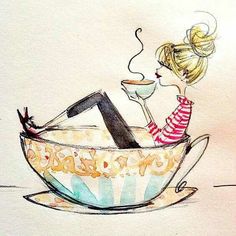 a drawing of a woman sitting in a coffee cup with the caption'elegio de buenos dias '