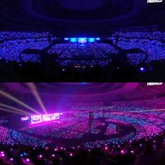 two images show the inside of an arena at night and in front of a crowd