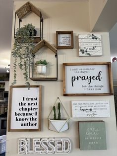 a wall with some framed pictures and plants on it