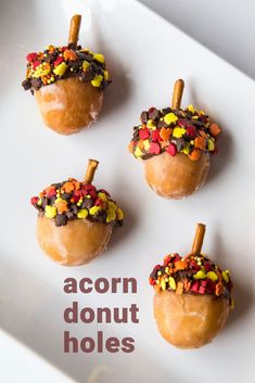 four donuts decorated with candy and sprinkles are on a white plate