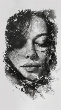 a black and white drawing of a woman's face