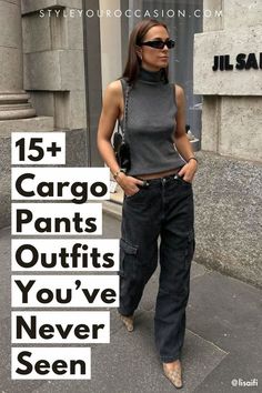 Are you looking for stylish cargo pants outfit ideas? You’ll love this list of cargo outfit ideas for women including street style options for spring, summer, fall, and winter. Get ideas for black or white cargo pants, khaki green options, cargo jeans outfit, and casual looks with heels! Baggy Cargo Pants With Heels, Cargo Pants With Heels Outfit, Shoes With Cargo Pants, Black Cargo Outfits Women, Black Cargo Jeans Outfit, Black Cargo Pants Outfit Women, Olive Cargo Pants Outfit, Outfits With Black Cargo Pants, Cargo Outfit Ideas