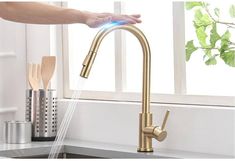 Venetio Touchless Sensor Kitchen Faucet Pull Down with Golden Black Brushed Nickel - Venetio Brushed Gold Kitchen Faucet, Traditional Kitchen Faucets, Touch Kitchen Faucet, Gold Kitchen Faucet, Smart Faucet, Kitchen Design Styles, Kitchen Fixture, Touchless Faucet, Hansel Gretel