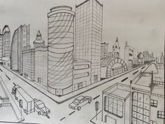 a drawing of a city with cars and buildings