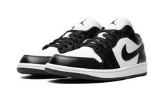 The Women’s Air Jordan 1 Low “Panda” is a women’s-exclusive version of the classic basketball shoe in the popular black-and-white colorway.  The “Panda” colorway theme rose to fame on the Nike Dunk before it began appearing on other classic sneakers like the Jordan 1 Low.  White leather appears on the shoe’s base while black leather is found on the overlays and on the Swoosh.  A white leather “Wings” logo is embroidered on the heel and a black Jumpman appears on the tongue.  Release date: March Black And White Air Jordan 1 Low, Popular Nike Shoes Women, Jordan Panda, Jordans Low, Popular Nike Shoes, Leather Wings, Sick Shoes, Black And White Jordans, Panda Shoes