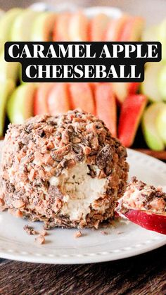 caramel apple cheese ball on a plate with apples in the background and text overlay