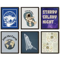 four framed art pieces featuring space related items