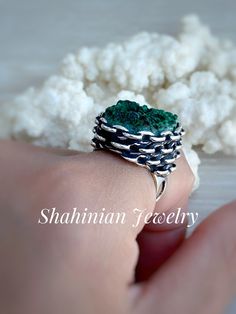 Sterling silver ring with natural green raw malachite stone for women. Made in Armenia with love special for you and your loved ones) Choosing our jewelry, you choose the best quality, unique design, and perfect look in every occasion) We also can make this ring with natural dark blue raw azurite, golden pyrite, or with rainbow carborundum! Just let me know which stone you prefer) Also, we make the matching earrings! 【FULL DETAILS】 ▶Gemstone: Natural malachite ▶Stone Size: 25 mm * 20 mm ▶RING SI Spiritual Emerald Ring With Natural Stones For Gift, Unique Green Jewelry With Raw Stone, Unique Emerald Crystal Ring As Gift, Unique Emerald Crystal Ring Gift, Handmade Unique Emerald Ring, Handmade Open Ring Emerald Jewelry, Handmade Unique Emerald Ring For May Birthstone, Unique Handmade Emerald Ring For May Birthstone, Unique Emerald Ring Stamped 925 As Gift