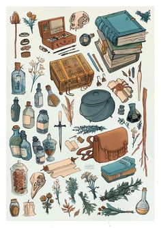 an illustration of various items from the book harry potter's hogwarts, including books, flasks and more