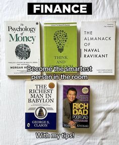 there are three books on the bed with text overlay that reads finance become the smartest person in the room