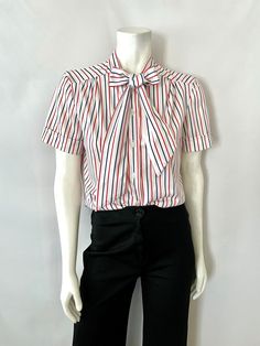 Vintage 80's White, Red, Blue, Striped, Blouse (Size 10) by Freshandswanky on Etsy Vintage Striped Summer Blouse, Vintage White Top With Striped Collar, White Button-up Blouse With Striped Collar, Vintage Striped Collared Blouse, Vintage Striped Button-up Blouse, Blue Striped Blouse, Striped Blouse, Cuff Sleeves, Blue Stripes