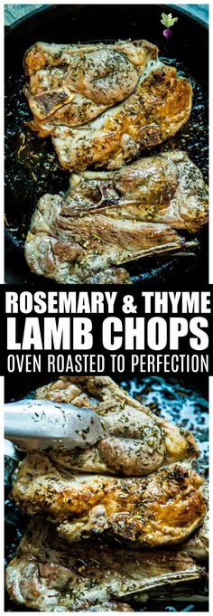 rosemary and thyme lamb chops in a cast iron skillet with text overlay that reads rosemary and thyme lamb chops oven roasted to perfectionion