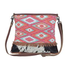 Coral Pink Shoulder Bag With Light Blue Patterns And Brown Tassles - A Perfect Partner For Indo-Ethnic And Boho Outfits! Materials Cotton + Hairon Leather Item Width 13.5 Item Depth 4 Item Height 11 Shoulder 22 Myra Bags, Cowhide Fabric, Boho Crossbody Bag, Blue Patterns, Rosa Coral, Brown Fringe, Pink Shoulder Bag, Boho Patterns, Large Shoulder Bags