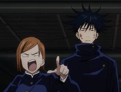 two anime characters with their mouths open and one pointing at the camera while another looks on